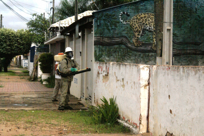 Na imagem, um agente realizando a borrifação do veneno em uma residência na Rua Orestes Prata Tibety (Foto: Camila Fernanda Carvalho)